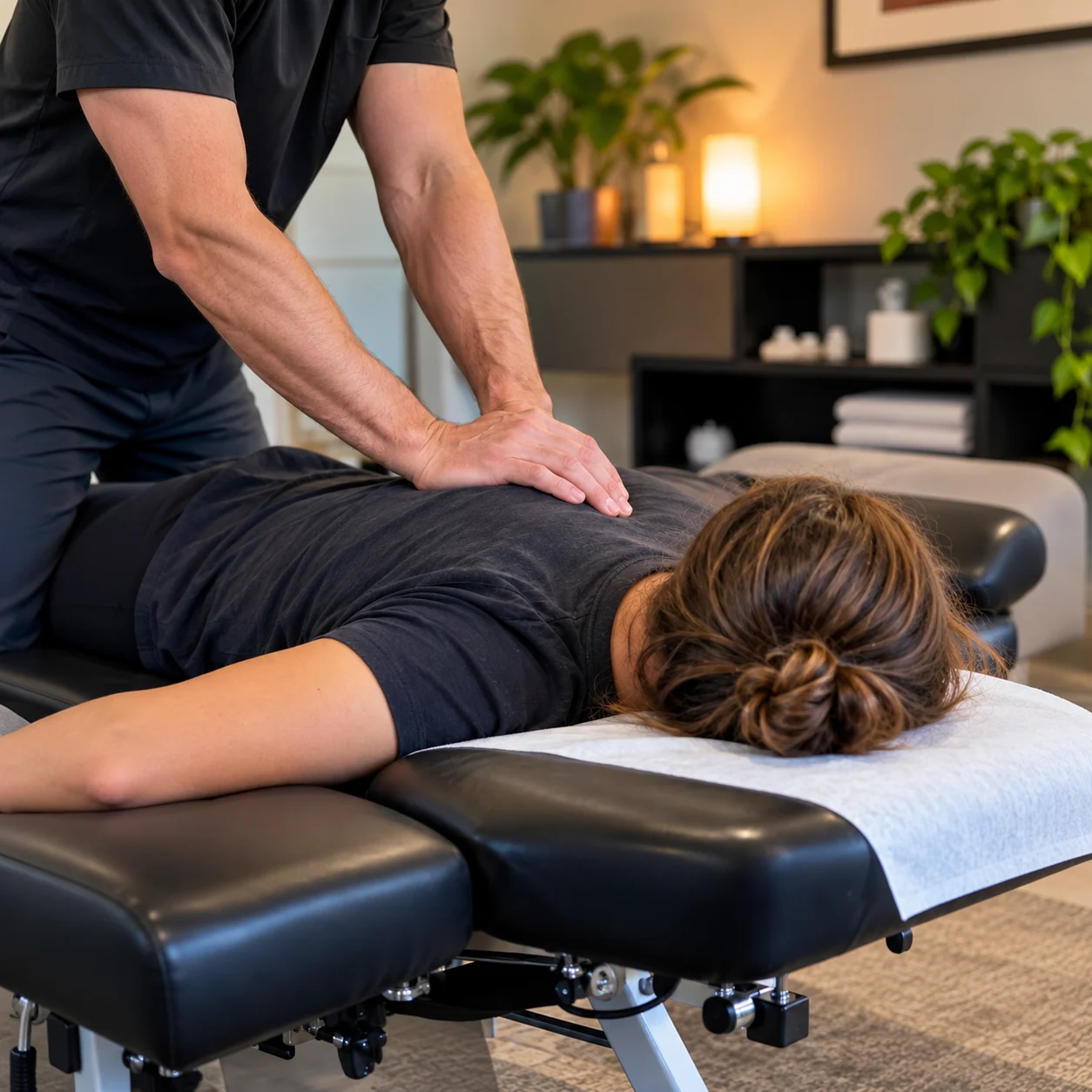 Patient receiving a gentle upper back adjustment in the Newhouse Health Solutions wellness room