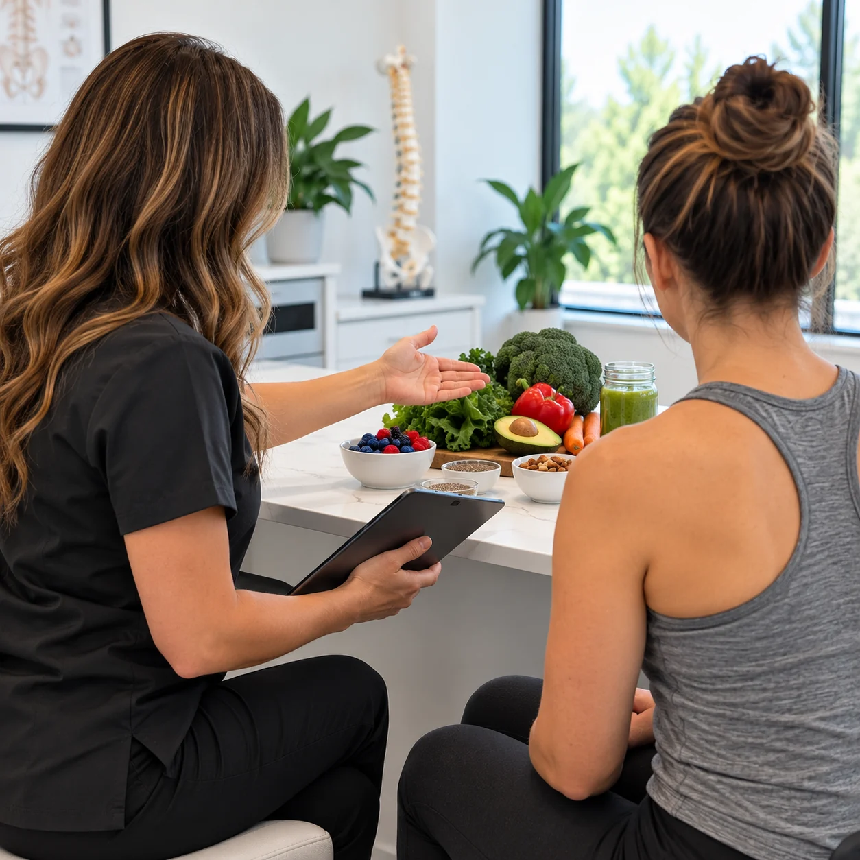A practitioner reviewing a whole-foods nutrition plan with a patient